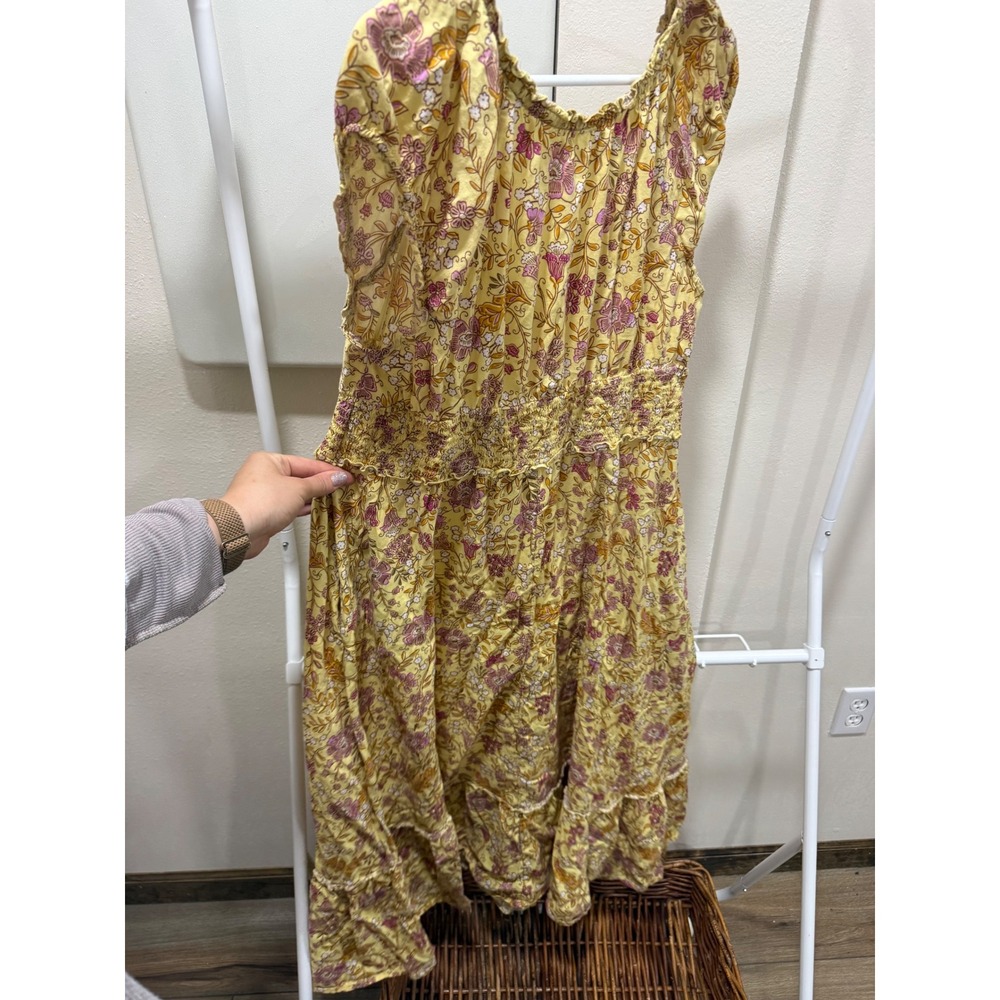 Old Navy Yellow Floral Smocked Waist Midi Dress Pockets Ruffle Cap Sleeve Large - Picture 5 of 6